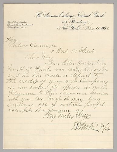 Dumont Clarke of the American Exchange National Bank in New York informs Carnegie that Frick had made a deposit for Carnegie's company and that the bank believes both parties will benefit from their business together