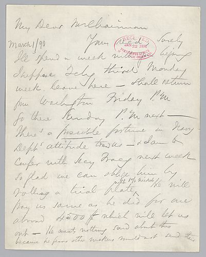 Carnegie writes on his coming to Pittsburgh for a week. He writes on the potential to make money with the Navy Department and the possible maintenance needs of Edgar Thomson and Homestead