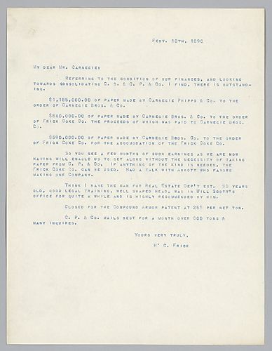 Frick writes on Carnegie's companies' financial states. They are doing well and he recommends consolidating Carnegie Brothers and Co. with Carnegie Phipps and Co