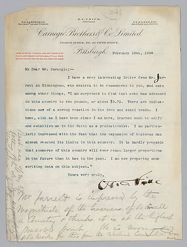 Frick writes the beliefs of Mr. Jarrett that commerce is nearing its limits in England. In two handwritten post-scripts, Carnegie writes that Mr. Jarrett is wrong and that English commerce will grow despite increasing difficulty in getting raw materials