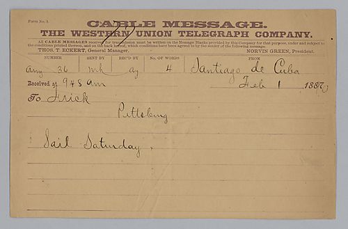 Carnegie writes from Santiago de Cuba that he will "Sail Saturday."