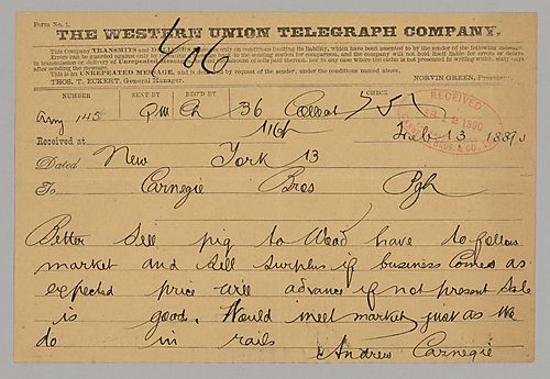 Carnegie writes on his intentions to sell pig iron according to market fluctuations