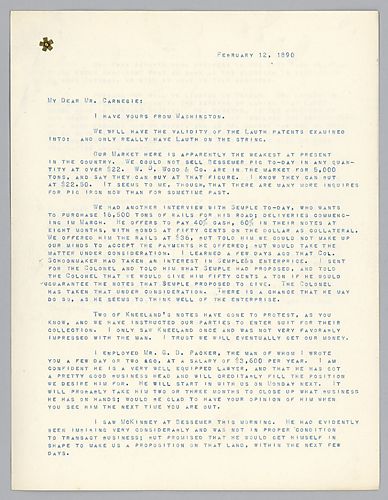 Frick writes on the market, business with Semple, Kneeland and McKinney, hiring G. D. Packer as a lawyer, and that furnace "G" will be lighted on Friday. He also mentions debate over a large pipe at Stewart Station