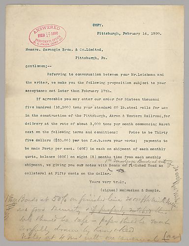 McCracken and Semple write their bid to purchase 16,500 tons of steel rails at $35.00 USD per ton. In multiple handwritten post-scripts, Carnegie writes his demands that an order be drawn up in writing by Knox and Read, advice to watch the details of such