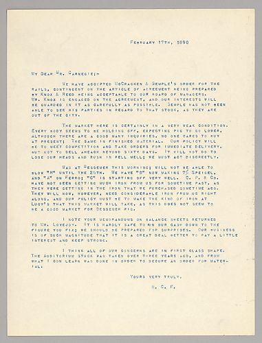 Frick writes on the acceptance of McCracken and Semple's order. He also writes on the weak pig iron market, though he adds that concerns are being addressed