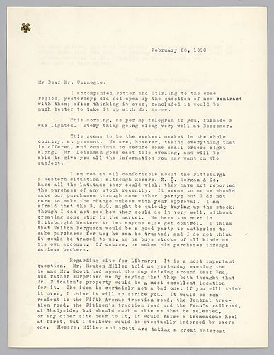Frick writes on the market situation, the possibility of purchasing stock in different railroads, and he describes a potential site on which to build a library