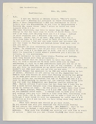 Carnegie writes on plans to create or purchase rail lines to ship coke in Pennsylvania. He discusses the dealings and plans of the other rail companies in the region