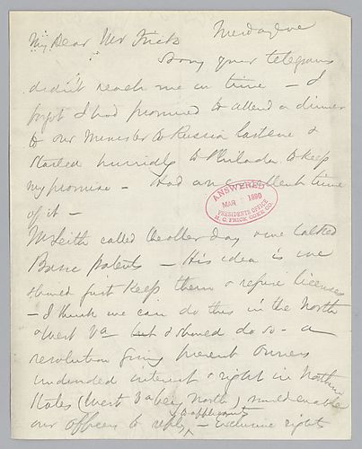 Carnegie writes on holding patents in the North and West Virginia and waiting to sell patents to the Southern States