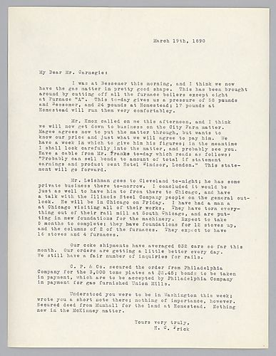 Frick writes that the gas pipeline situation is resolved with each mill receiving sufficient pressure. He also discusses renovations being done by the Illinois Steel Company in their rail mill in Southern Chicago
