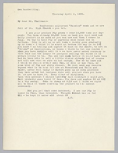 Carnegie writes to instruct Frick to sell surplus material, particularly pig iron