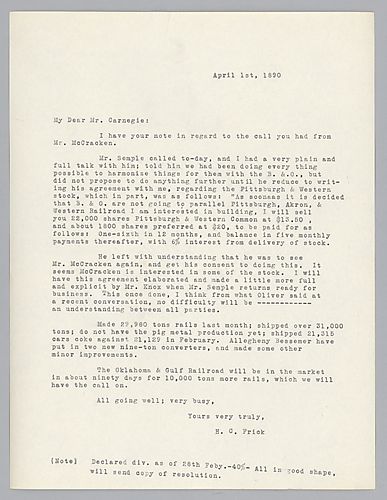 Frick writes on a tentative agreement to purchase stock in Pittsburgh and Western Common Rail Road. He also reports on production
