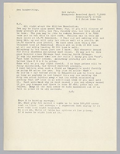Carnegie writes on selling surplus and his feeling that the coke situation will right itself