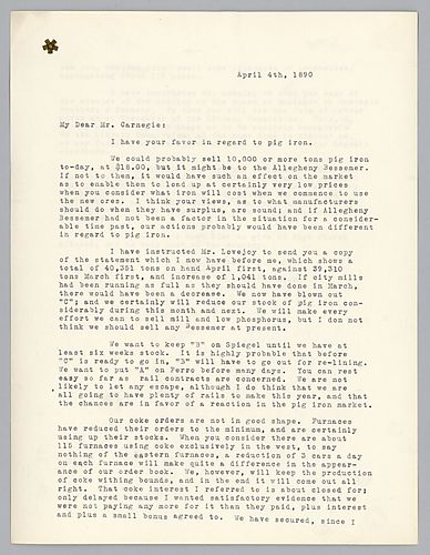 Frick writes on the surplus pig iron situation. He also writes on the poor coke situation and a new gas field near Homestead