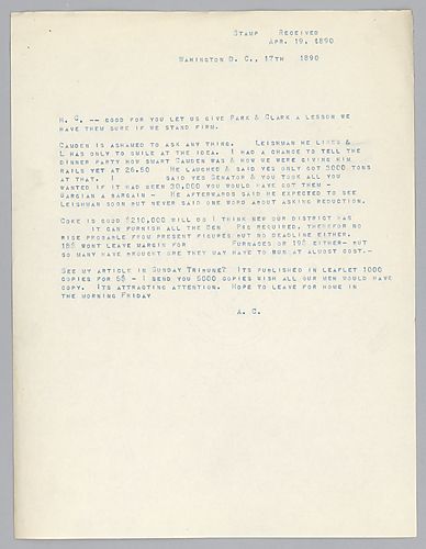 Carnegie writes from Washington D.C. on a dinner party at which he spoke with a Senator and was not asked about reduction. He also instructs Frick on coke consumption and pig iron production