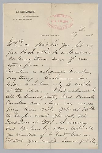 Carnegie writes from Washington D.C. on a dinner party at which he spoke with a Senator and was not asked about reduction. He also instructs Frick on coke consumption and pig iron production