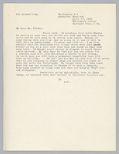 Carnegie writes from Washington D.C. on tactics to out compete Allegheny Steel as well as to protect his right to produce rails for Pittsburgh