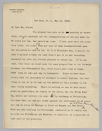 Carnegie writes from New York, [N.Y.] to persuade Frick to build his own railroad to reduce coke transportation costs and increase their companies' self-sufficiency