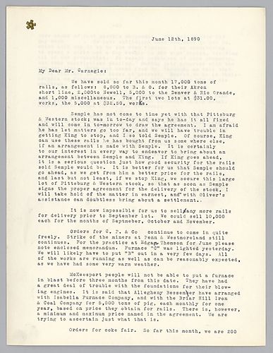 Frick writes the orders of rails sold in June to date. He also gives updates on the Edgar Thomson and McKeesport mills. He closes by declaring a good outlook on the year's business balance