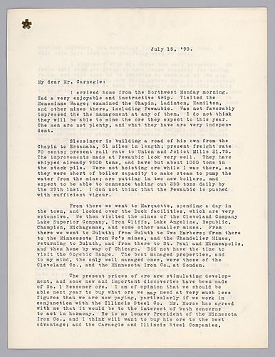 Frick writes on his visit to the northwest and the tours he made of various companies. He then writes of his discussions on coke and rails with Illinois Steel Company. He closes with an update on the sale of Poor Farm and the Rod Mill at Beaver Falls
