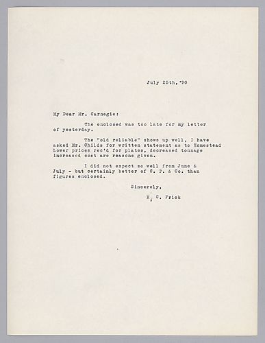 Frick writes on figures from Homestead and the lower production at a higher cost as reasons for waiting on the armor plates