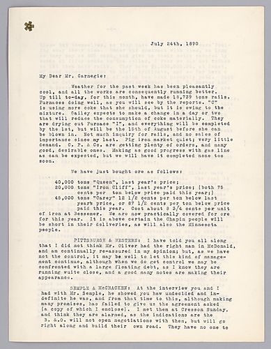 Frick writes that cooler temperatures have increased production. He then reports on Pittsburgh & Western, Semple and McCracken, coke, and postponing the armor negotiations