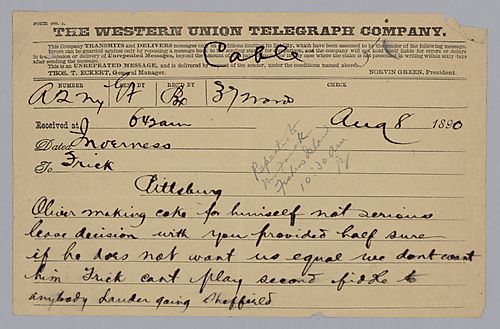 Carnegie writes to say that Oliver making coke is not serious. "Frick can't play second fiddle to anybody…."