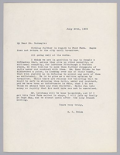 Frick writes on his plan to stop rail shipments to Semple and McCracken for fear that they may be unable to ensure their end of the contract