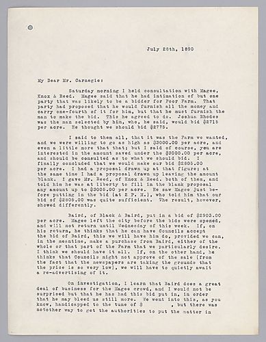 Frick writes on the Poor Farm bidding situation. They were outbid by Black and Baird though nothing is finalized