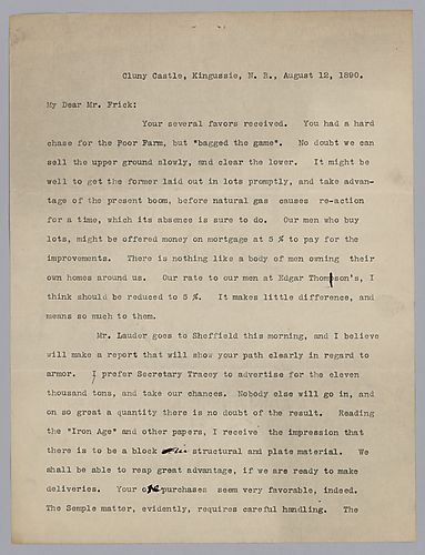 Carnegie writes from Cluny Castle, [Scotland] to congratulate Frick on the purchase of Poor Farm and to instruct him on how the land should be used. He then writes on armor plating and the poor output from Carnegie Phipps and Co. under Abbott and Potter