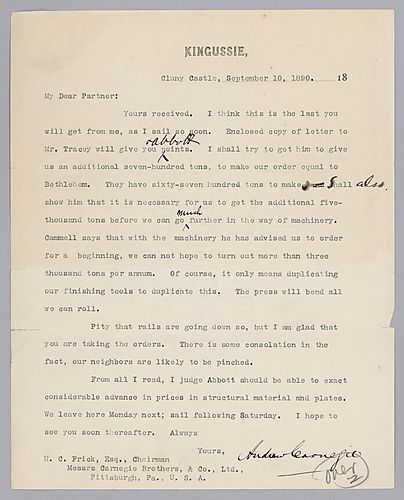 Carnegie writes on armor orders and his plans to return from Cluny Castle to the United States. In a handwritten post-script, he writes on bad crop reports and his imminent departure