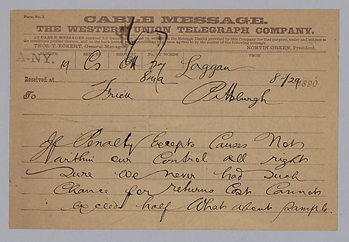 Carnegie writes from Laggan, [Scotland] on conditions of penalty acceptance despite causes beyond their control