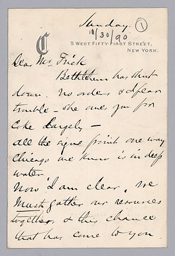 Carnegie writes on gathering resources in order to avoid the situations of Bethlehem Steel (shutting down) and Chicago, which is described as being in "deep water." He also writes that Mrs. Carnegie has typhoid fever