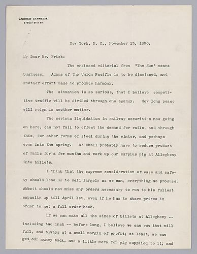 Carnegie writes from New York, [N.Y.] on measures to be taken to protect profits as railroad stocks drop and rail orders cease