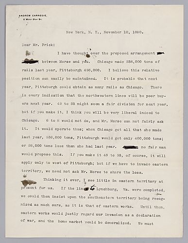 Carnegie writes from New York, [N.Y.] on how to handle rail production with Chicago for the coming year
