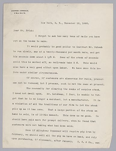 Carnegie writes from New York, [N.Y.] with instructions to slow production and sell the stock piles of product that have been allowed to grow