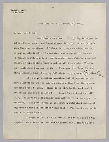 Writing from New York City, Carnegie discusses their policy in regards to the sale of pig iron, scrap and finished materials of all kind and refers to depending on the "coke question." Also, he states the life in the rail market and mentions a possible vi