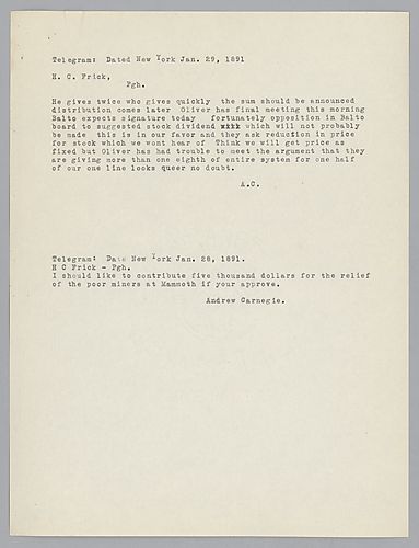 Writing from New York, Carnegie states he would like to contribute five thousand dollars in relief to Mammoth mine workers