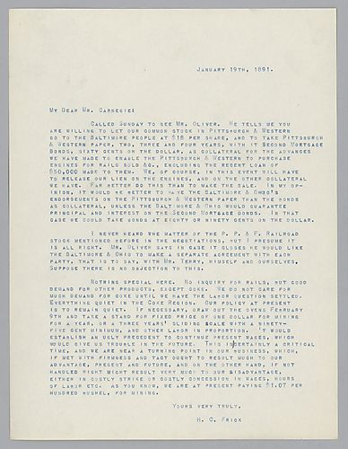 Frick discusses negotiations with Baltimore and Ohio Railroad along with labor and wage issues