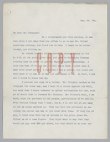 Frick discusses a deal to sell their interest in Pittsburgh and Western to Baltimore and Ohio Railroad. The letter mentions enclosing a copy of letter from Mr. Pitcairn, however this letter is not present