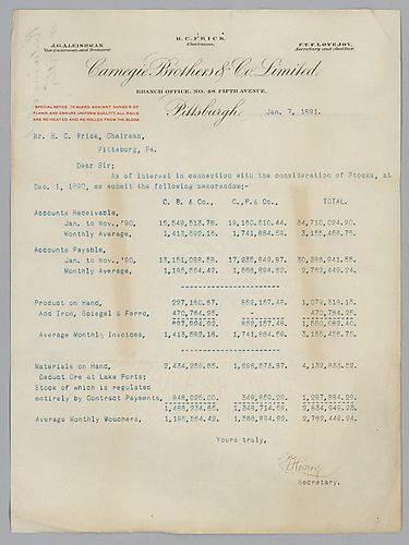 A memorandum from Secretary and Auditor of Carnegie Brothers and Company Limited [Francis] Lovejoy, listing stock of finished product and materials as of December 1, 1890. Letter attached to Andrew Carnegie to Henry Clay Frick, January 5, 1891