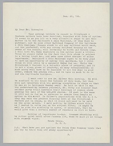 Frick discusses matters concerning the deal to purchase Pittsburgh and Western by Baltimore and Ohio Railroad Company