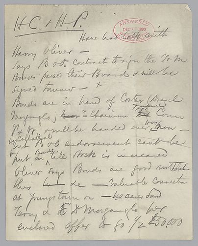 Carnegie discusses the trading of bonds in the deal with "B.&.O." [Baltimore and Ohio Railroad]