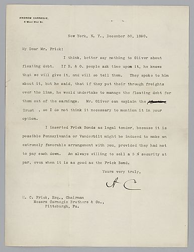 Carnegie discuses the deal with "B.&.O." [Baltimore and Ohio Railroad]. Letter attached to Andrew Carnegie to Henry Clay Frick, December 27, 1890