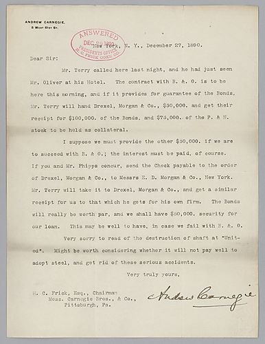 Carnegie discusses negotiations over a deal with "B.&.O." [Baltimore and Ohio Railroad] and refers to an accident at "United" [United Coal and Coke Company]. Letter attached to Andrew Carnegie and Henry Clay Frick, December 27, 1890