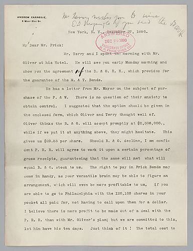 Writing from New York, Carnegie discusses negotiations with "B.&.O. R.R." [Baltimore and Ohio Railroad] over the purchase of "P.&.W." [Pittsburgh and Western]. A handwritten note at the top of the letter requests Frick to wire $50,000 to E.D. Morgan Compa