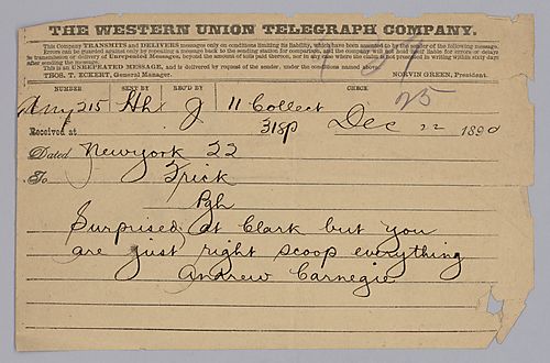 Carnegie writes from New York on his surprise at Clark and instructs to scoop everything