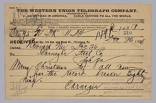 Carnegie writes from New York to wish all a Merry Christmas and congratulate them on a good year