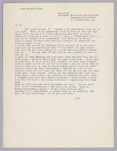 Carnegie writes on the acceptable price of steel and that territorial rights should be sought with Chicago over equal division. He adds that Mrs. Carnegie's health is doing well