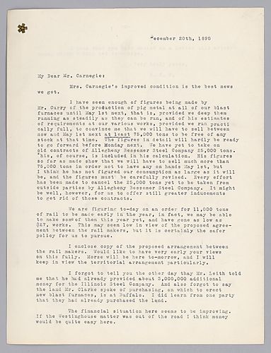 Frick writes on his joy at Mrs. Carnegie's improving health, the projected figures for selling excess pig iron, and a new order for rails