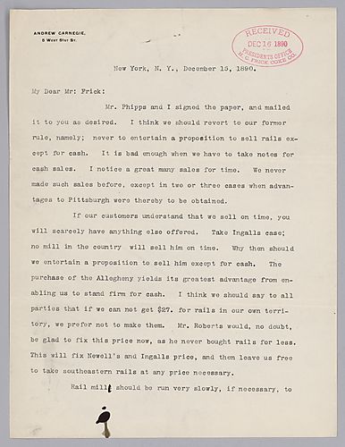 Carnegie writes from New York to say that rails should only be sold for cash